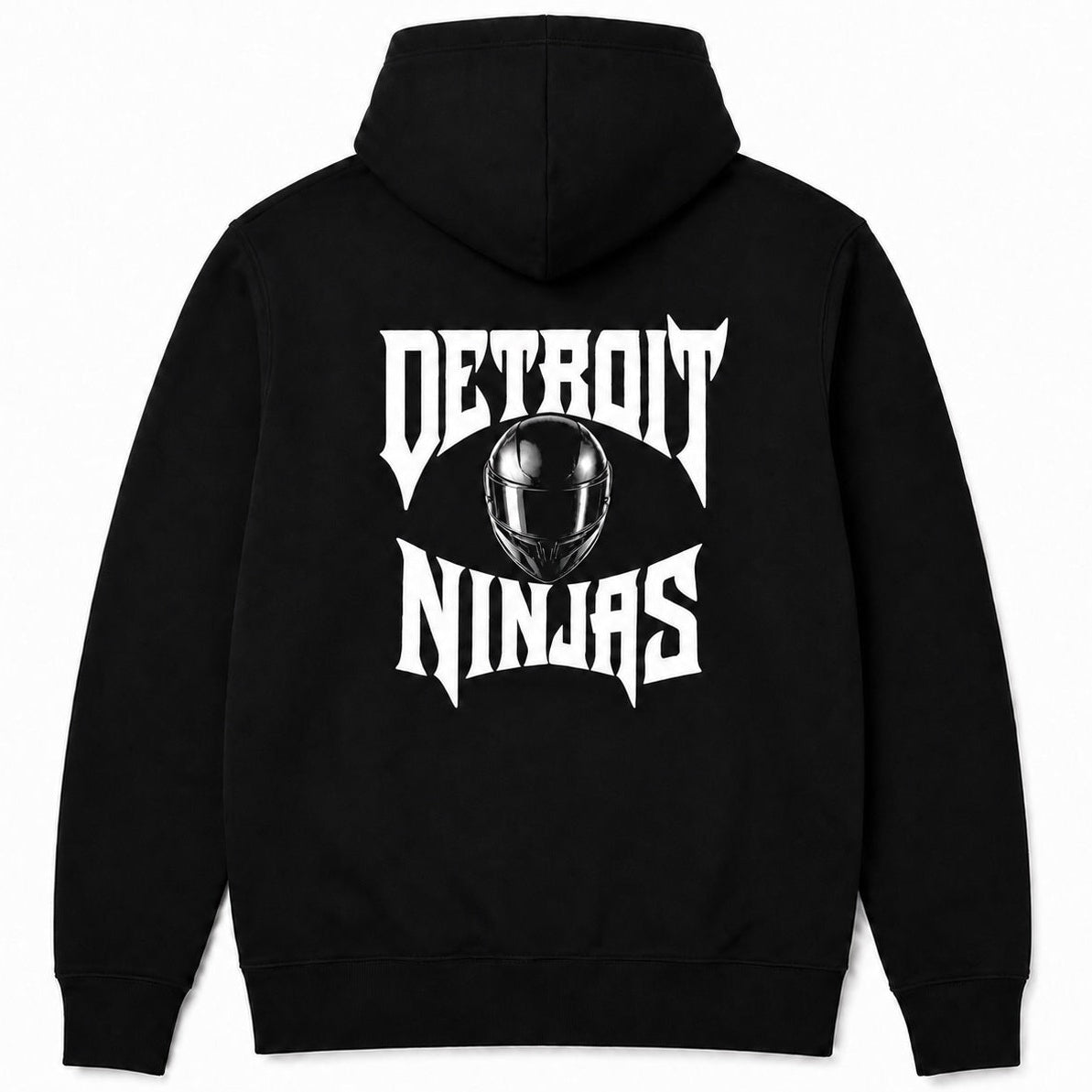 A black pullover hoodie shown from the back, featuring a large white graphic print that reads 'DETROIT NINJAS' with a black motorcycle helmet in the center, set against a plain white background.